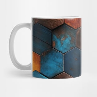 Geometric Timber: Crystalline Hexagons in Amber and Blue Mug